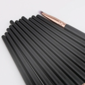 Macro detail of high-quality makeup brush with rose gold ferrule and black handle