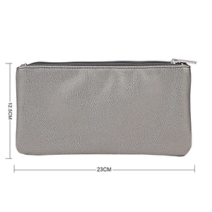 Silver-grey PU leather makeup brush pouch with metal zipper and dimensions 23cm by 12.5cm