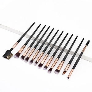Detailed 15-piece makeup brush set with black handles and elegant rose gold ferrules
