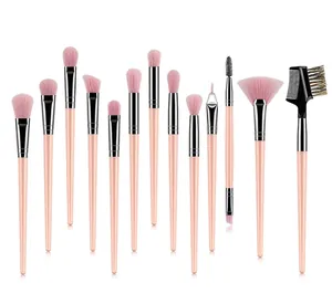 Detail of 12-piece makeup brush set with pink fibers and silver ferrules for eye shadow