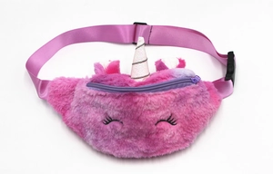 Detail of plush unicorn waist bag with faux fur texture and adjustable pink strap