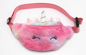 Detail of plush unicorn waist bag showing soft texture and adjustable pink strap