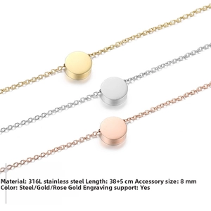 Three colors of minimalist stainless steel round pendant necklaces with 316L polish detail
