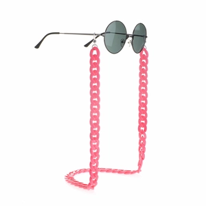 Pink acrylic candy color eyeglass chain shown with round black metal sunglasses