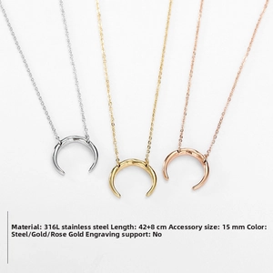 Three colors of 316L stainless steel moon necklaces with 15mm pendant and adjustable chain