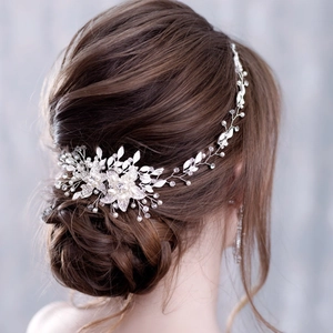 Handmade Bridal Hair Vine Headband Alloy Rhinestone Faux Artificial Pearl Flower Leaf Design With Ribbon Wedding Accessories For Women