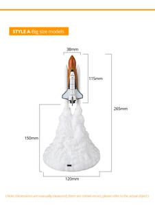 Detailed size chart for the large 3D printed rocket lamp with USB charging base