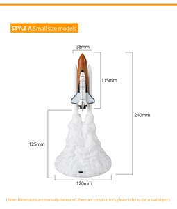 Detailed size chart of small 3D printed space shuttle lamp with USB base height 240mm