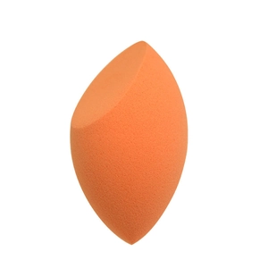 Orange teardrop makeup sponge with slanted cut edge for precise beauty application