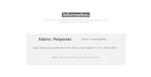 Size specifications chart for bionic camo baseball cap with polyester fabric details
