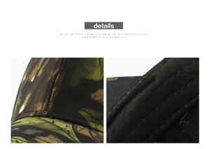 Detailed view of reinforced stitching and leaf bionic camouflage fabric on baseball cap