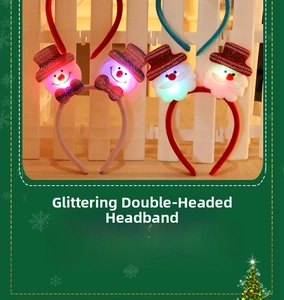 Detail of LED Christmas headbands showing Santa and Snowman designs at 21x20cm size