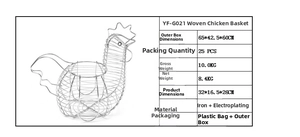 Detail of silver rooster-shaped wire egg basket with dimensions and material specs