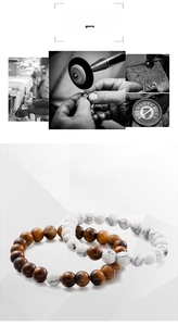 Detail of beaded bracelets with tiger eye stone and white turquoise on geometric base