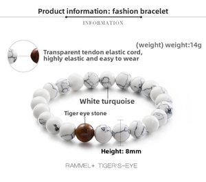 Detail showing 8mm white turquoise and tiger eye stone beads on elastic DIY bracelet