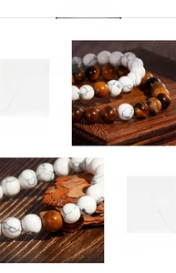 Macro detail of natural tiger eye and turquoise beads on an elastic handmade bracelet