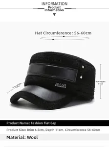 Winter men's flat top hat dimensions with 56-60cm circumference and 6.5cm brim detail