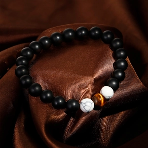 8mm mattes schwarzes Achat-Perlenarmband mit Marmorperlen und braunem Tigerauge-Stein