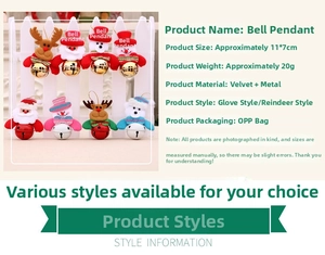 Detail of Christmas bell pendants made of velvet and metal in Santa and Reindeer styles