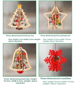 Detail showing 3D wooden Christmas ornaments set including tree, star, bell, and snowflake