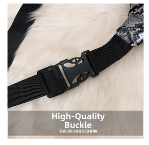 Detail of snake skin waist bag featuring durable black plastic buckle and nylon strap