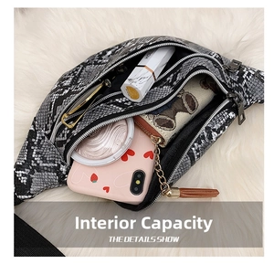 Detail of snake print waist bag showing internal capacity with phone and cosmetics
