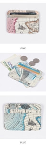 Detailed view of pink and blue map print leather card holders with coin slots