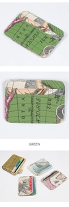 Detail view of ultra-thin map print card holders in green and multiple vintage colors