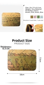 Macro view showing slim PU leather wallet with vintage map print and four card slots
