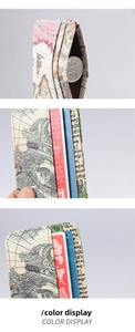 Close-up of vintage map print card holder showing multiple slots and coin pocket storage