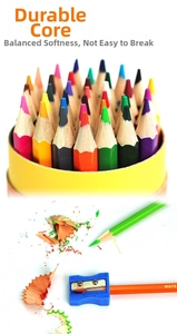 Close-up of colored pencils with sharp points and a manual sharpener on white background