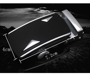 Detail view of black alloy belt buckle with silver frame showing 7.2cm by 4cm dimensions