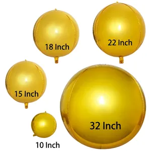 Golden 4D foil round balloons shown in sizes 10, 15, 18, 22, and 32 inches for decoration