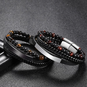 Mens multi-layer leather bracelet with 6mm tiger eye stone beads and magnetic metal clasp