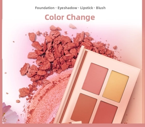 Künstlerische Nahaufnahme einer 4-Farben-Make-up-Palette mit Puder und Kirschblüten