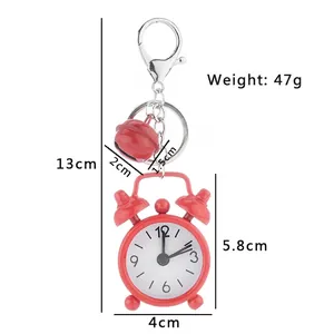 Mini red alarm clock keychain with bell pendant and silver lobster clasp, 5.8cm height