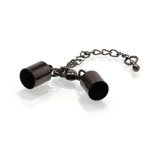 Detail of black metal cylindrical cord ends with lobster clasp for DIY jewelry making