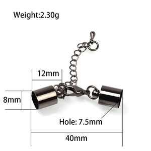 Gunmetal lobster clasp with extension chain and 12mm cylindrical cord ends detail