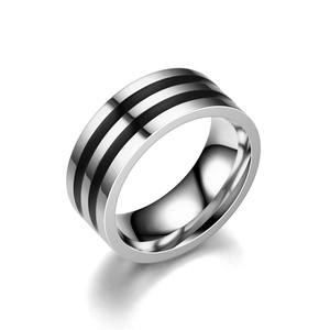 Minimalist silver titanium steel ring with parallel black stripes at a 45-degree angle