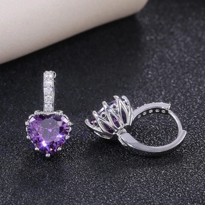 Elegant purple heart zircon hoop earrings with small white stones on silver metal