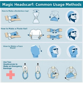 Instructional diagrams for skull neck gaiter showing face mask and pirate hat styles