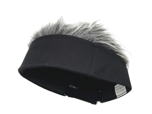 Detail of creative black docker hat featuring grey synthetic wig and 100% cotton material