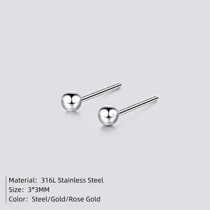 3mm ball-shaped 316L stainless steel stud earrings available in gold and silver finishes