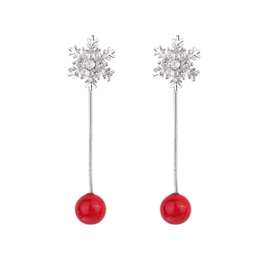 S925 silver needle snowflake long tassel earrings with red pearls for festive wear