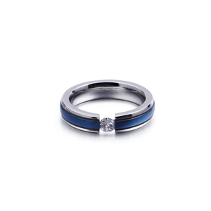 Bague minimaliste en acier argenté avec bandes bleues et oxyde de zirconium central