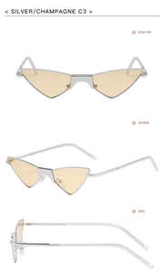 Multiple views of silver metal cat-eye sunglasses with champagne lenses in 45-degree angle