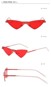 Three-angle view of red metal cat eye sunglasses with triangular lenses and clear temple tips