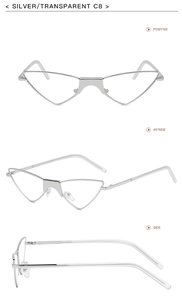 Multiple views of silver cat eye sunglasses with triangular metal frames and clear lenses