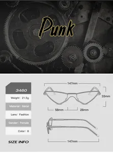 Detailed technical specification chart for trendy metal cat-eye triangle sunglasses
