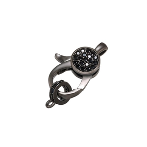 Detailed close-up of 18K gold plated lobster clasp with pavé black zircon stones